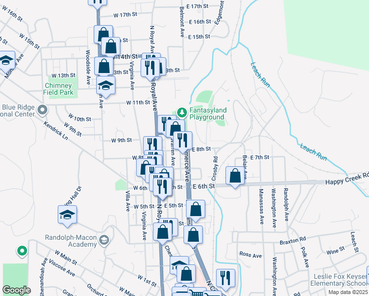 map of restaurants, bars, coffee shops, grocery stores, and more near 122 East 8th Street in Front Royal