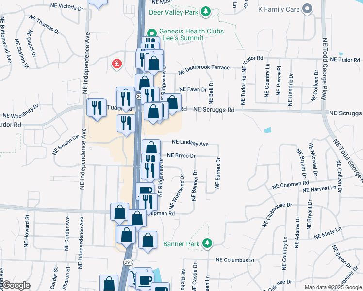 map of restaurants, bars, coffee shops, grocery stores, and more near 1032 Northeast Lindsay Avenue in Lee's Summit