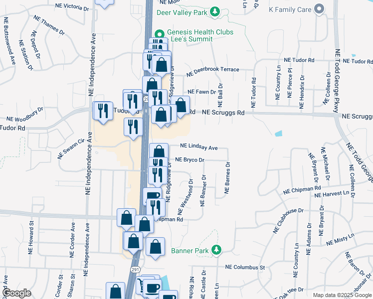map of restaurants, bars, coffee shops, grocery stores, and more near 1032 Northeast Lindsay Avenue in Lee's Summit