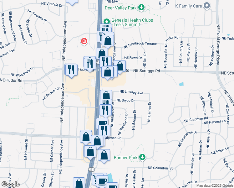 map of restaurants, bars, coffee shops, grocery stores, and more near 1008 Northeast Lindsay Avenue in Lee's Summit