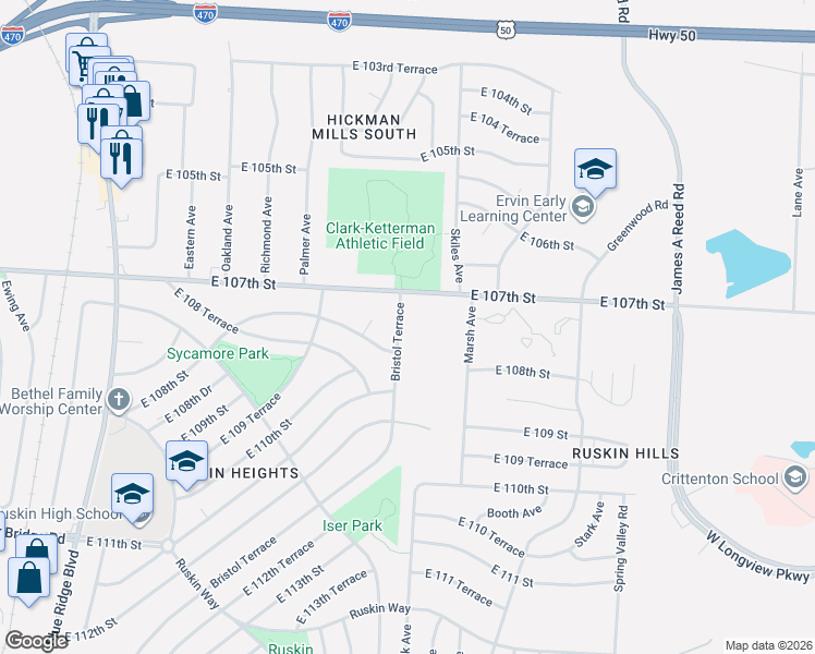 map of restaurants, bars, coffee shops, grocery stores, and more near 10704 Bristol Terrace in Kansas City