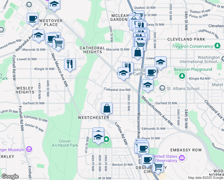 map of restaurants, bars, coffee shops, grocery stores, and more near 39th St NW & Cathedral Ave NW in Washington