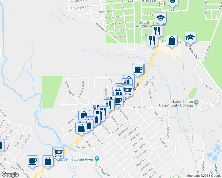 map of restaurants, bars, coffee shops, grocery stores, and more near 941 Brockway Avenue in South Lake Tahoe