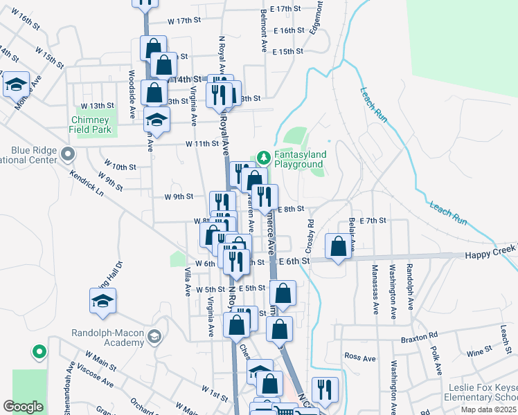 map of restaurants, bars, coffee shops, grocery stores, and more near 112 East 8th Street in Front Royal
