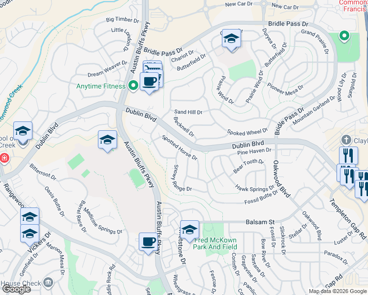 map of restaurants, bars, coffee shops, grocery stores, and more near 4914 Spotted Horse Drive in Colorado Springs