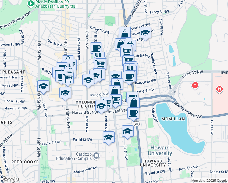 map of restaurants, bars, coffee shops, grocery stores, and more near 3101 Sherman Avenue Northwest in Washington
