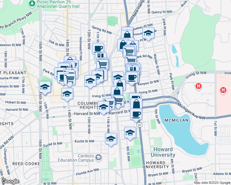 map of restaurants, bars, coffee shops, grocery stores, and more near 3101 Sherman Avenue Northwest in Washington