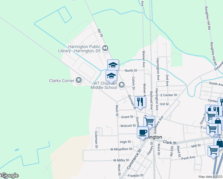 map of restaurants, bars, coffee shops, grocery stores, and more near 101 West Center Street in Harrington