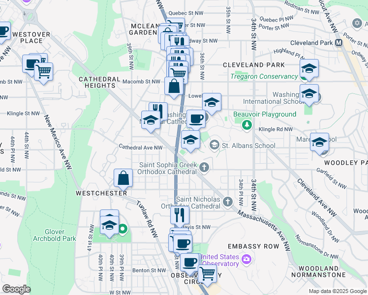 map of restaurants, bars, coffee shops, grocery stores, and more near 3001 Wisconsin Avenue Northwest in Washington