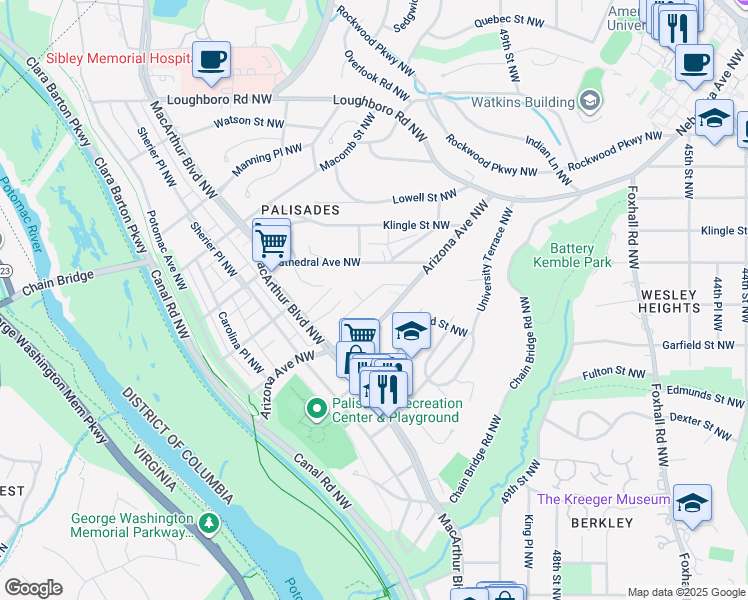 map of restaurants, bars, coffee shops, grocery stores, and more near 2861 Arizona Terrace Northwest in Washington