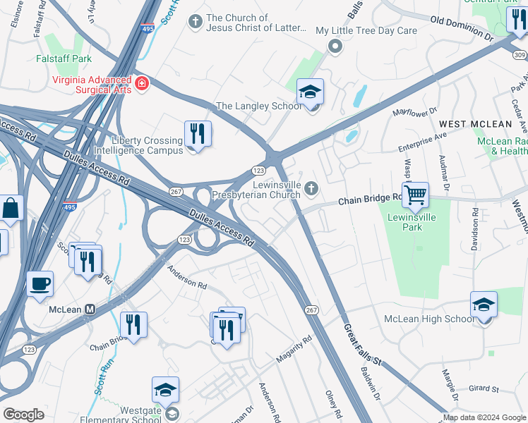 map of restaurants, bars, coffee shops, grocery stores, and more near 7447 Hallcrest Drive in McLean