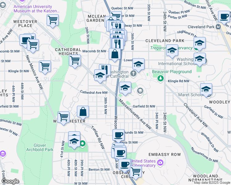 map of restaurants, bars, coffee shops, grocery stores, and more near 3100 Wisconsin Avenue Northwest in Washington
