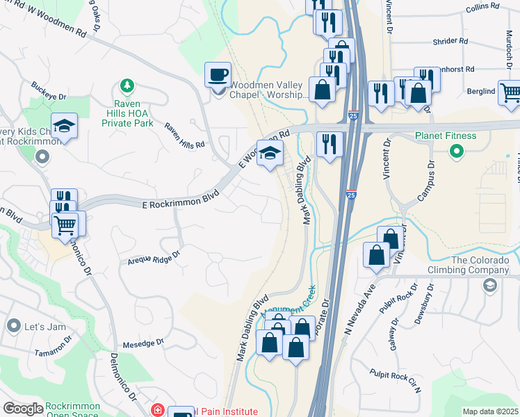 map of restaurants, bars, coffee shops, grocery stores, and more near 508 Rolling Hills Drive in Colorado Springs