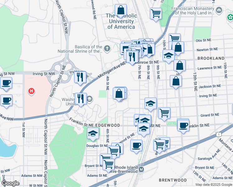 map of restaurants, bars, coffee shops, grocery stores, and more near 506 Regent Place Northeast in Washington