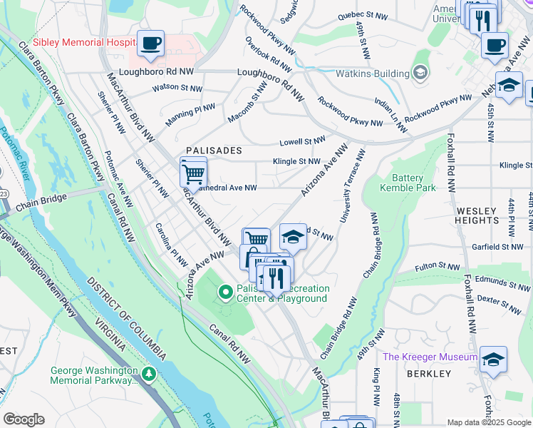 map of restaurants, bars, coffee shops, grocery stores, and more near 2861 Arizona Terrace Northwest in Washington