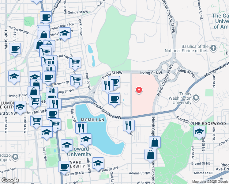 map of restaurants, bars, coffee shops, grocery stores, and more near 106 Irving Street Northwest in Washington