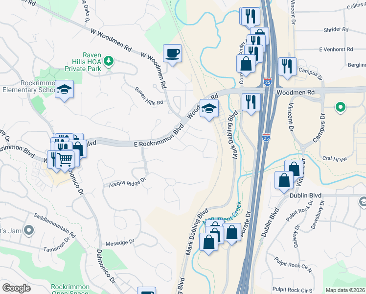 map of restaurants, bars, coffee shops, grocery stores, and more near 6817 Ravencrest Drive in Colorado Springs