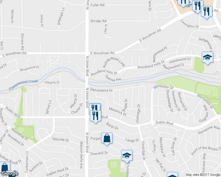 map of restaurants, bars, coffee shops, grocery stores, and more near 2878 Deliverance Drive in Colorado Springs
