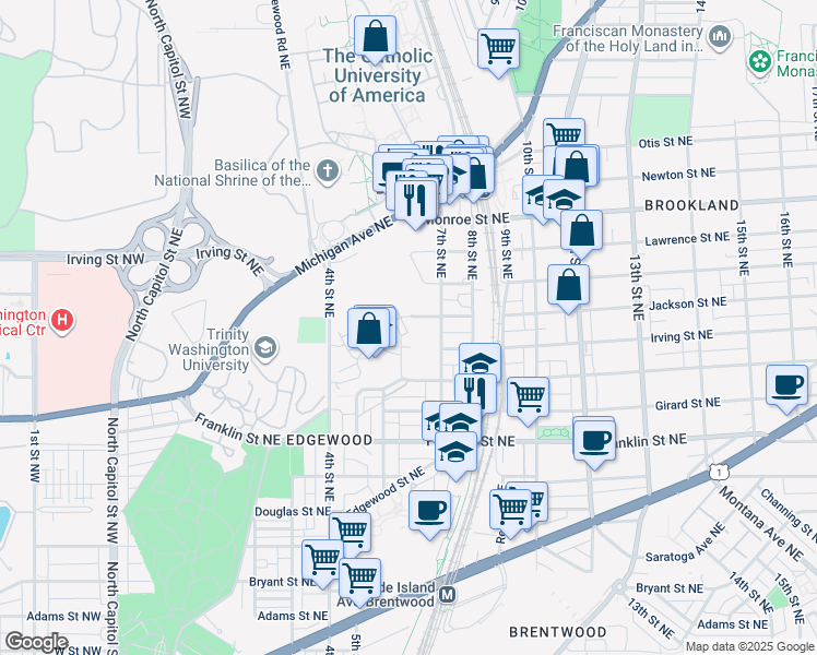 map of restaurants, bars, coffee shops, grocery stores, and more near 639 Regent Place Northeast in Washington