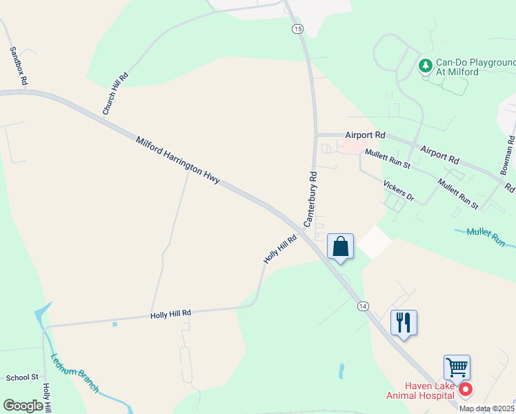 map of restaurants, bars, coffee shops, grocery stores, and more near 1263 Milford Harrington Highway in Milford
