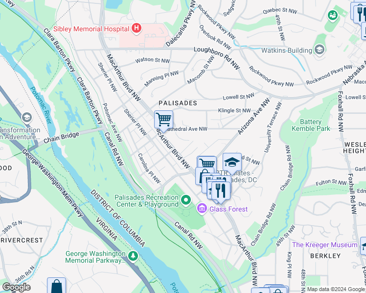 map of restaurants, bars, coffee shops, grocery stores, and more near 5359 MacArthur Boulevard Northwest in Washington