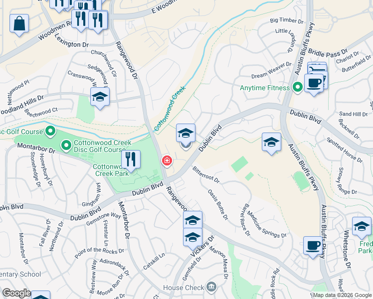 map of restaurants, bars, coffee shops, grocery stores, and more near 4110 Dublin Boulevard in Colorado Springs