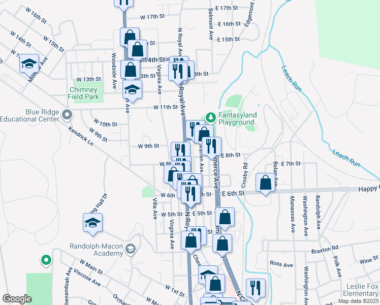 map of restaurants, bars, coffee shops, grocery stores, and more near 805 North Royal Avenue in Front Royal