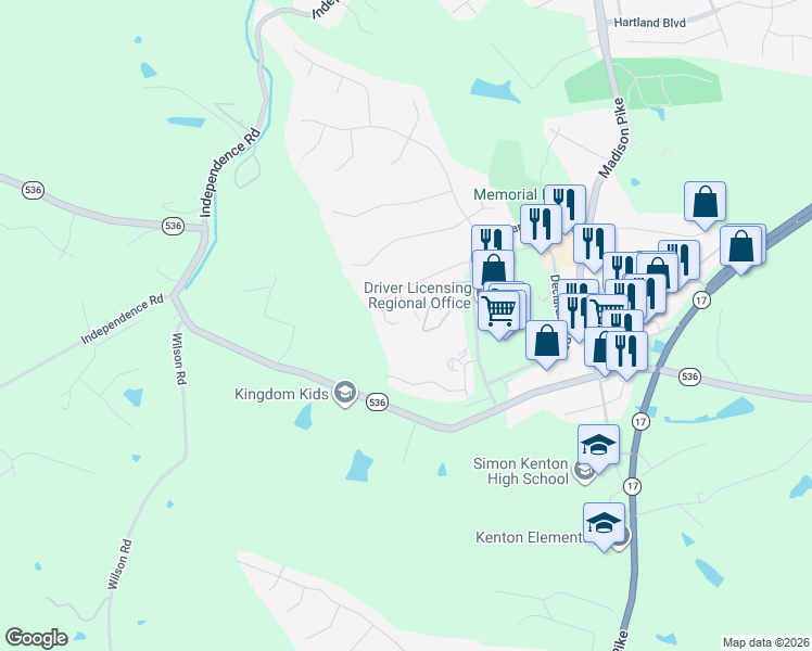 map of restaurants, bars, coffee shops, grocery stores, and more near 10601 Brent Ridge Circle in Independence