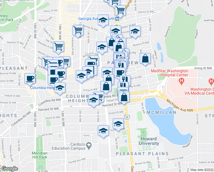 map of restaurants, bars, coffee shops, grocery stores, and more near 783 Irving Street Northwest in Washington