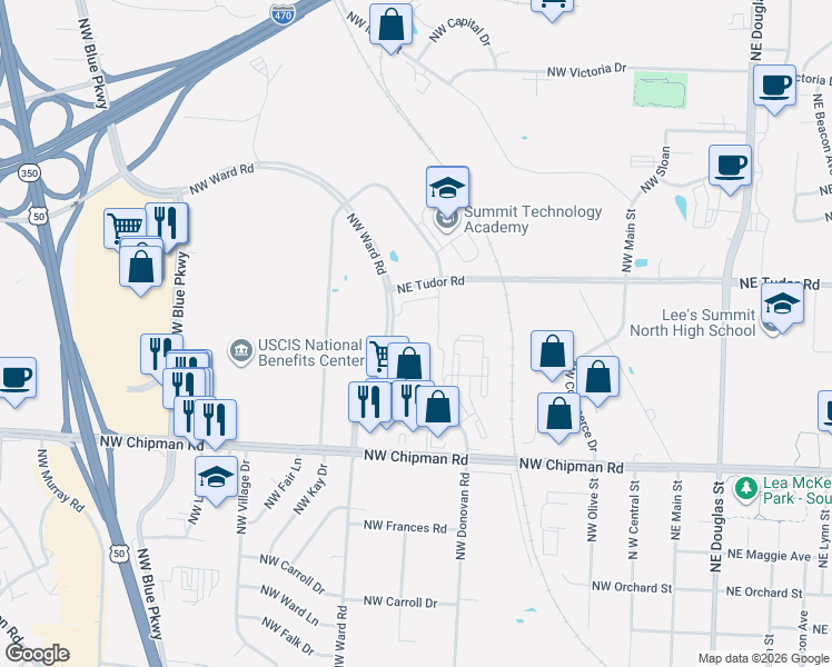 map of restaurants, bars, coffee shops, grocery stores, and more near 837 Northwest Donovan Road in Lee's Summit