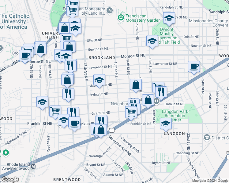 map of restaurants, bars, coffee shops, grocery stores, and more near 1426 Irving Street Northeast in Washington