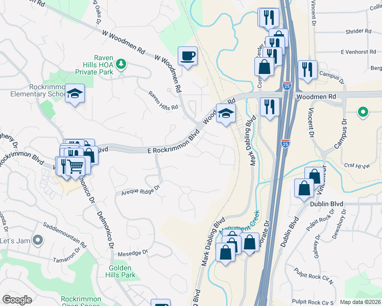 map of restaurants, bars, coffee shops, grocery stores, and more near 6847 Mountain Top Lane in Colorado Springs