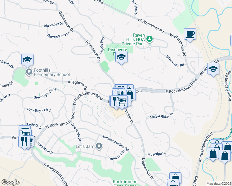 map of restaurants, bars, coffee shops, grocery stores, and more near 234 West Rockrimmon Boulevard in Colorado Springs