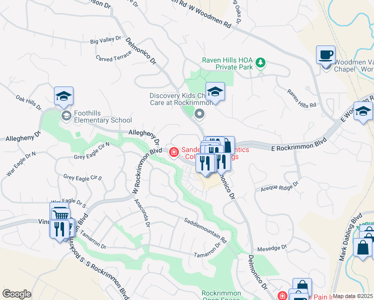 map of restaurants, bars, coffee shops, grocery stores, and more near 424 West Rockrimmon Boulevard in Colorado Springs