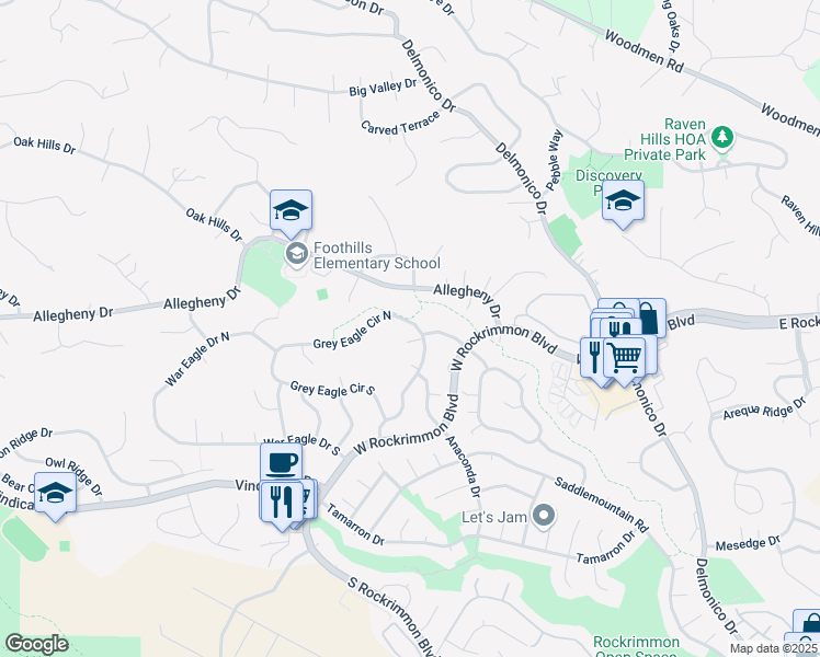 map of restaurants, bars, coffee shops, grocery stores, and more near 645 Grey Eagle Circle South in Colorado Springs