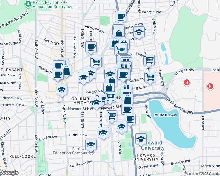 map of restaurants, bars, coffee shops, grocery stores, and more near 783 Irving Street Northwest in Washington