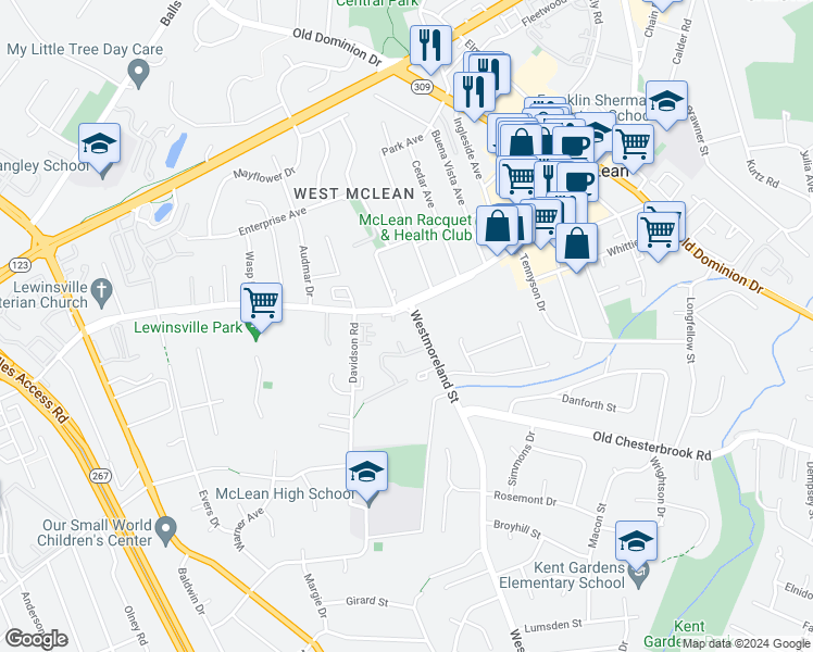 map of restaurants, bars, coffee shops, grocery stores, and more near 1528 Westmoreland Street in McLean