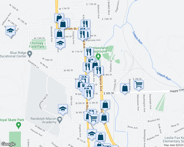 map of restaurants, bars, coffee shops, grocery stores, and more near 823 North Royal Avenue in Front Royal
