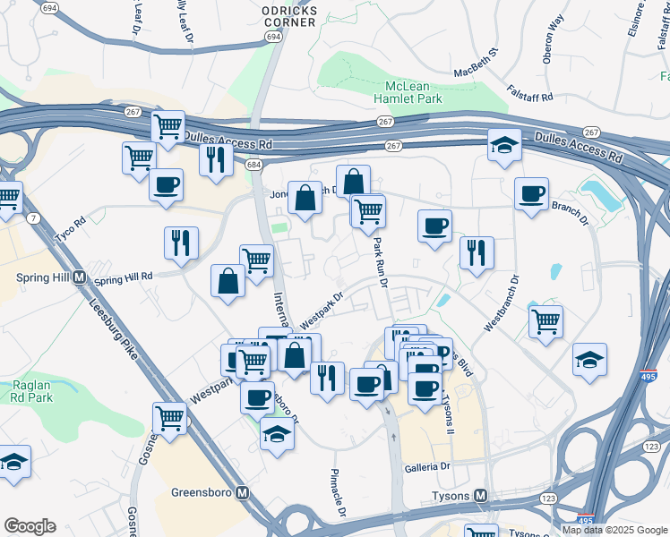 map of restaurants, bars, coffee shops, grocery stores, and more near 8230 Westpark Drive in McLean