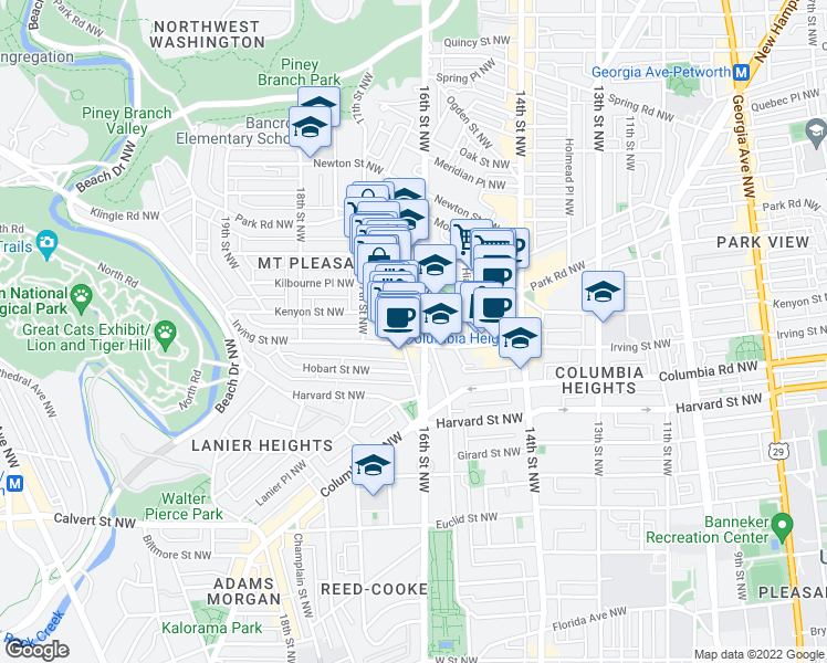 map of restaurants, bars, coffee shops, grocery stores, and more near 3114 16th Street Northwest in Washington
