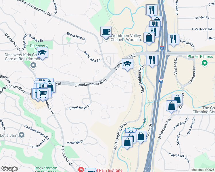 map of restaurants, bars, coffee shops, grocery stores, and more near 6831 Mountain Top Lane in Colorado Springs