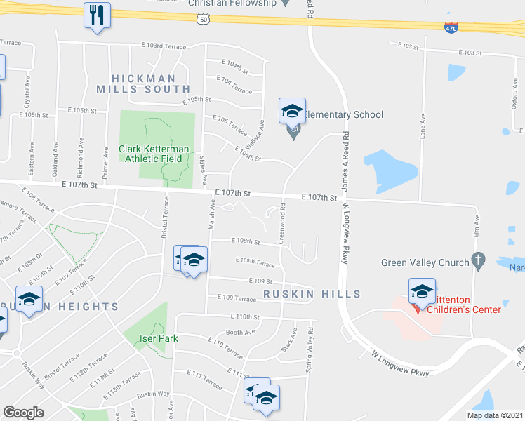 map of restaurants, bars, coffee shops, grocery stores, and more near 10716 Greenwood Road in Kansas City