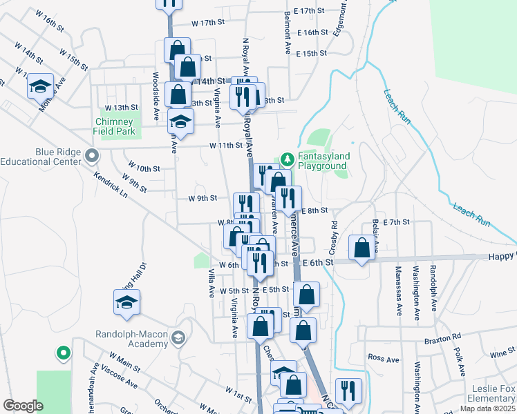 map of restaurants, bars, coffee shops, grocery stores, and more near 805 North Royal Avenue in Front Royal
