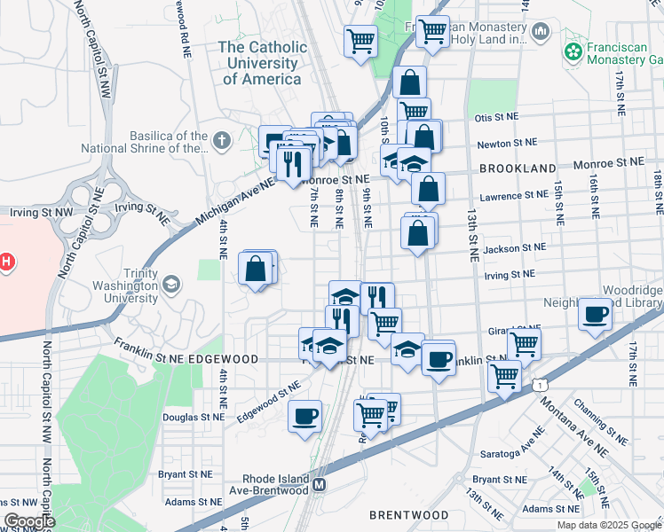map of restaurants, bars, coffee shops, grocery stores, and more near 713 Jackson Street Northeast in Washington