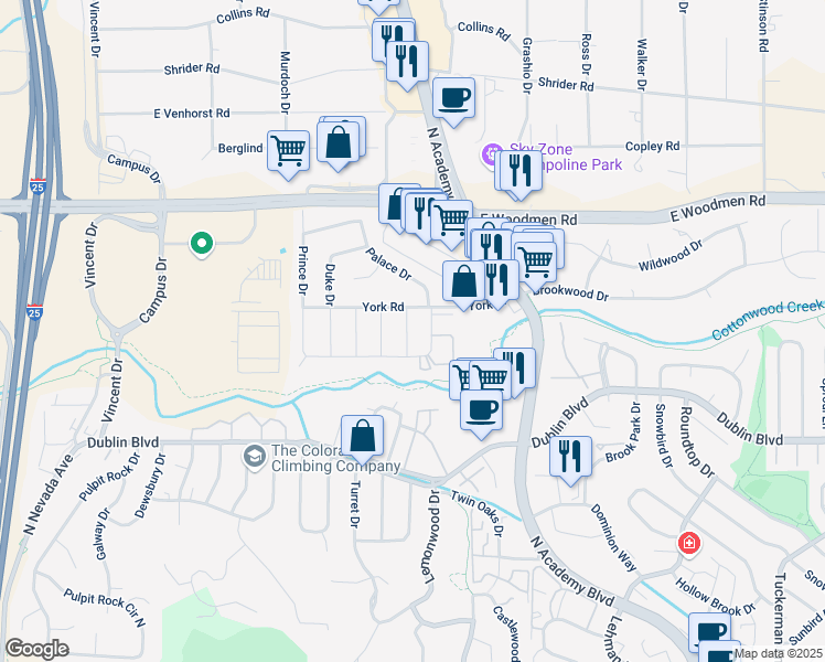map of restaurants, bars, coffee shops, grocery stores, and more near 6729 Hampton Drive in Colorado Springs