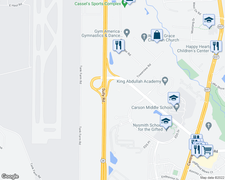 map of restaurants, bars, coffee shops, grocery stores, and more near 13857 McLearen Road in Herndon