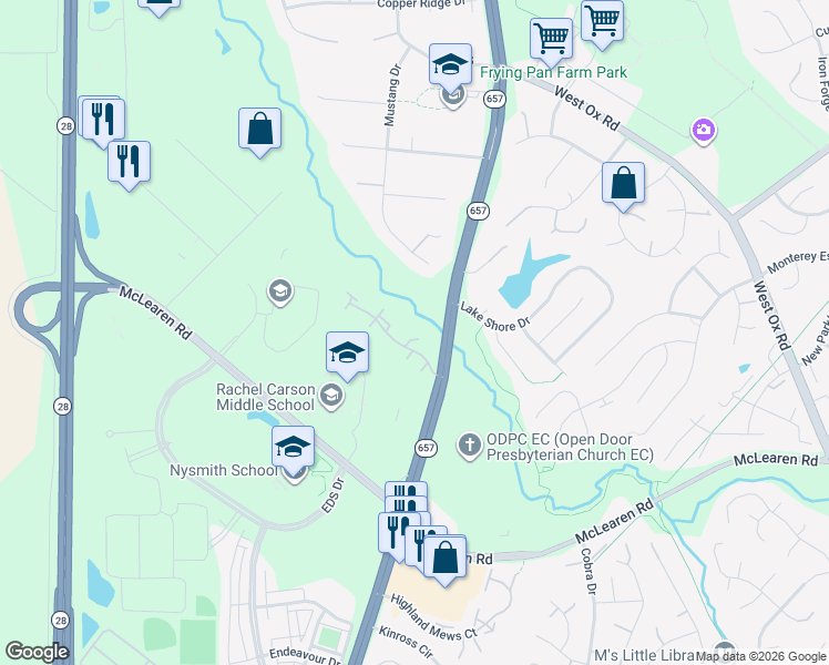 map of restaurants, bars, coffee shops, grocery stores, and more near 13578 Cedar Run Lane in Herndon