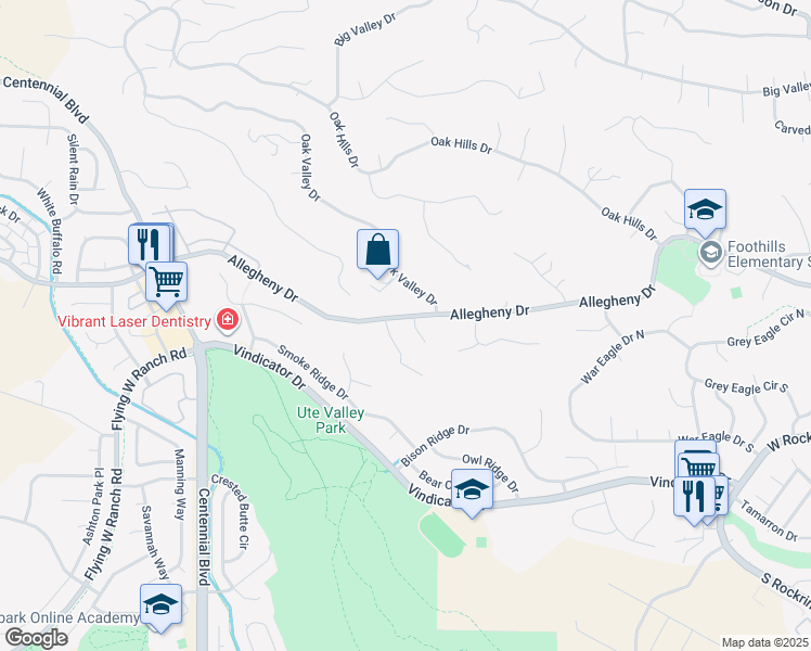 map of restaurants, bars, coffee shops, grocery stores, and more near 6750 Northvale Lane in Colorado Springs