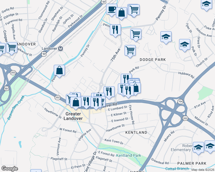 map of restaurants, bars, coffee shops, grocery stores, and more near 3119 75th Avenue in Hyattsville