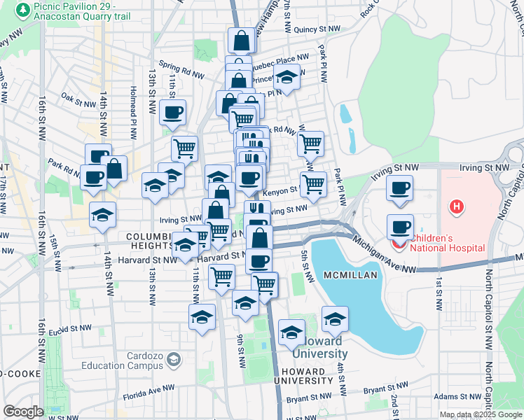 map of restaurants, bars, coffee shops, grocery stores, and more near 653 Irving Street Northwest in Washington